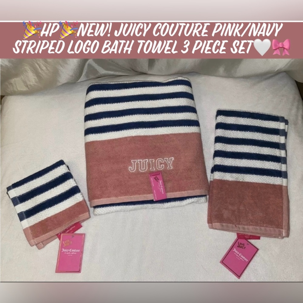 🎉HP🎉New! Juicy Couture Pink/Navy Striped Logo Bath Towel 3 Piece Set🤍🎀 - Picture 10 of 10